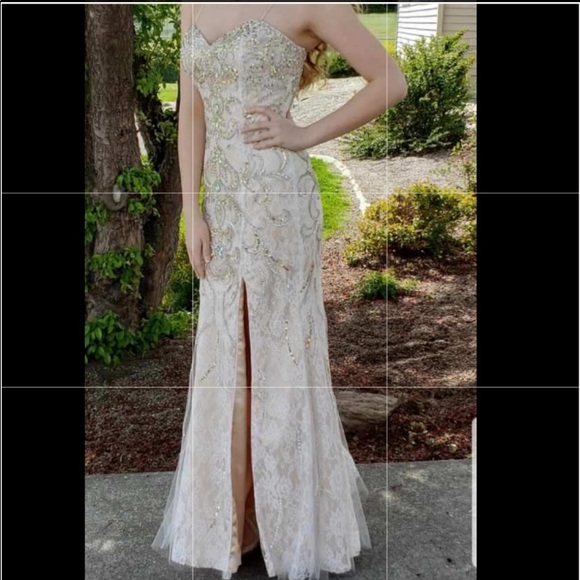 NUDE AND WHITE LACE PROM DRESS WITH BEADING - Picture 1 of 7